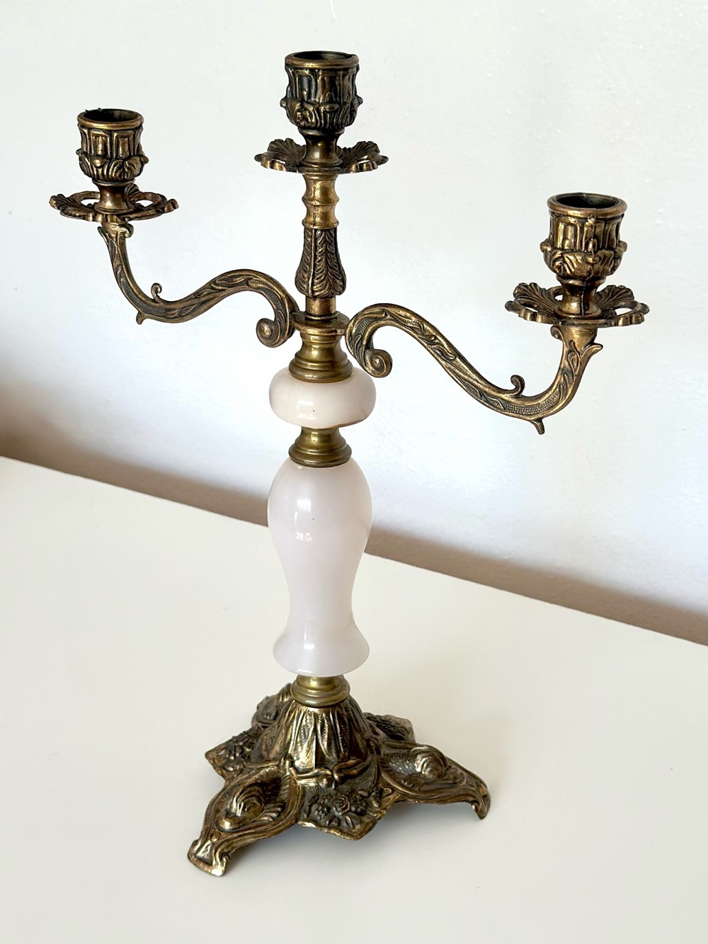 Ornate Vintage Italy Brass Alabaster Marble Candle Holder 3 Arm Candelabra